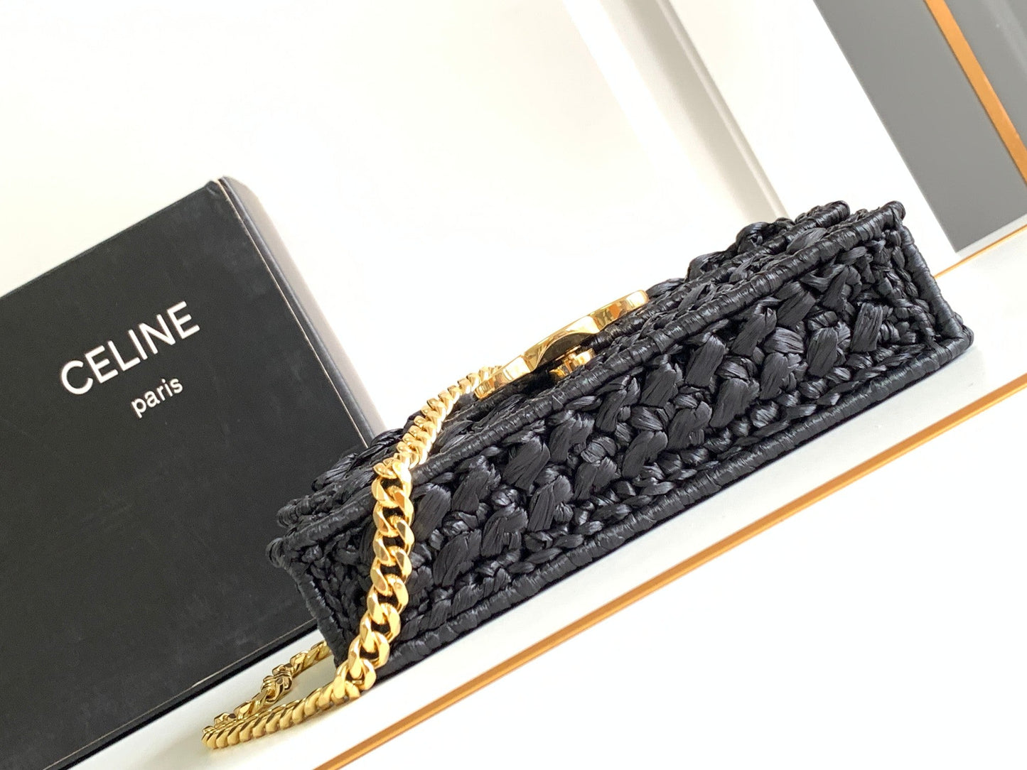 Celine Claude Chain Shoulder Bag in Raffia