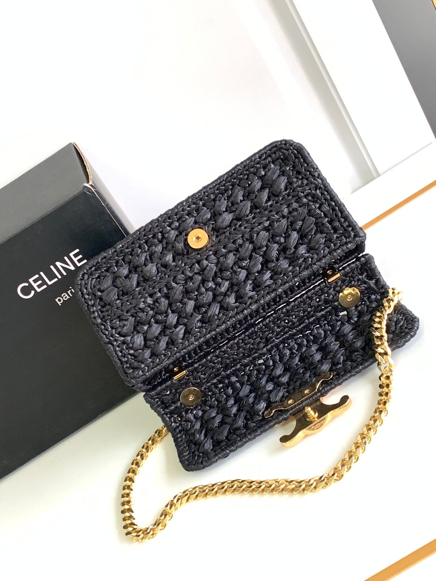 Celine Claude Chain Shoulder Bag in Raffia