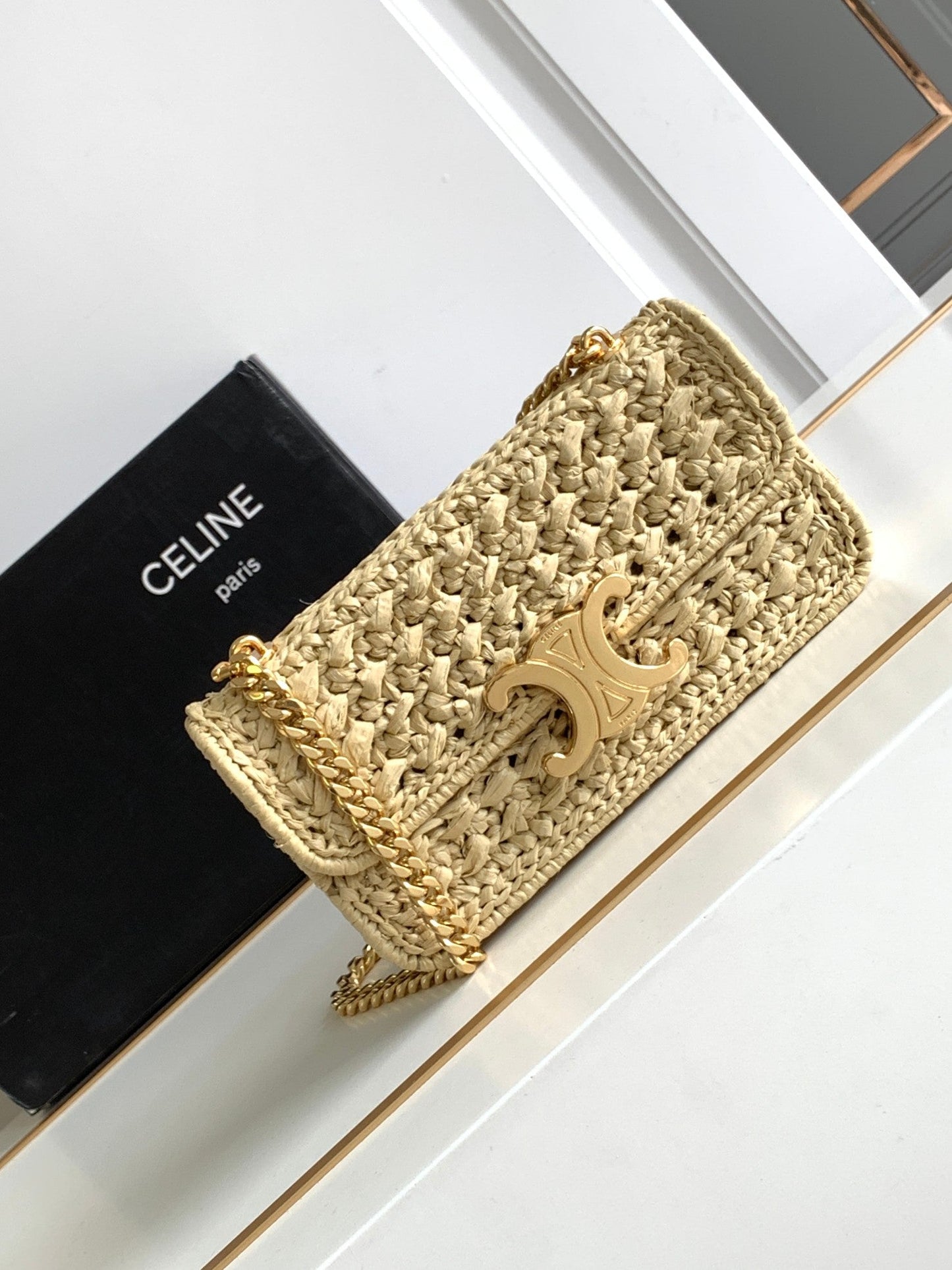 Celine Claude Chain Shoulder Bag in Raffia