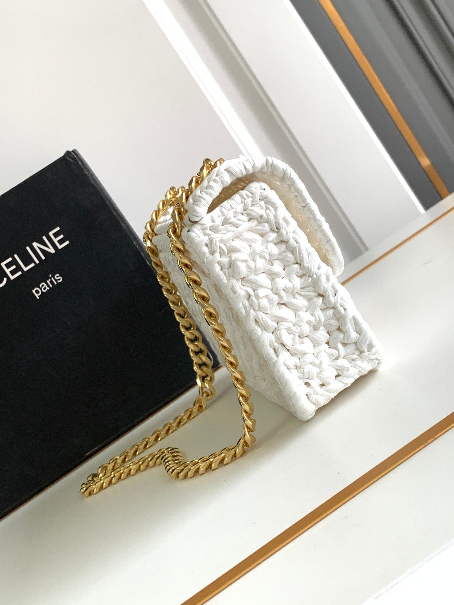 Celine Claude Chain Shoulder Bag in Raffia