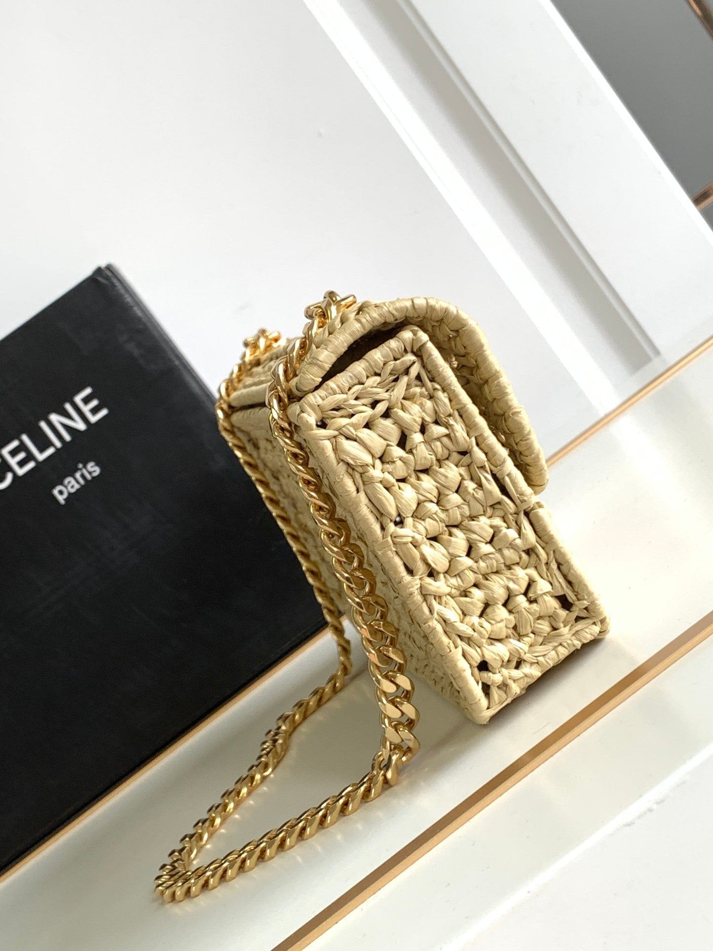 Celine Claude Chain Shoulder Bag in Raffia