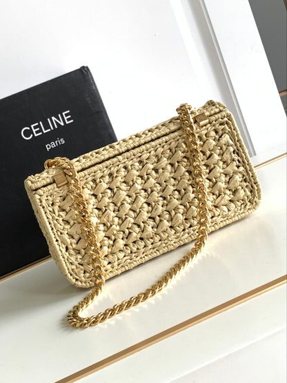 Celine Claude Chain Shoulder Bag in Raffia