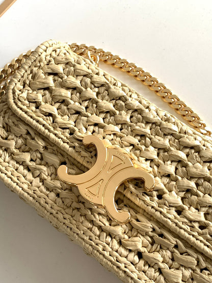 Celine Claude Chain Shoulder Bag in Raffia