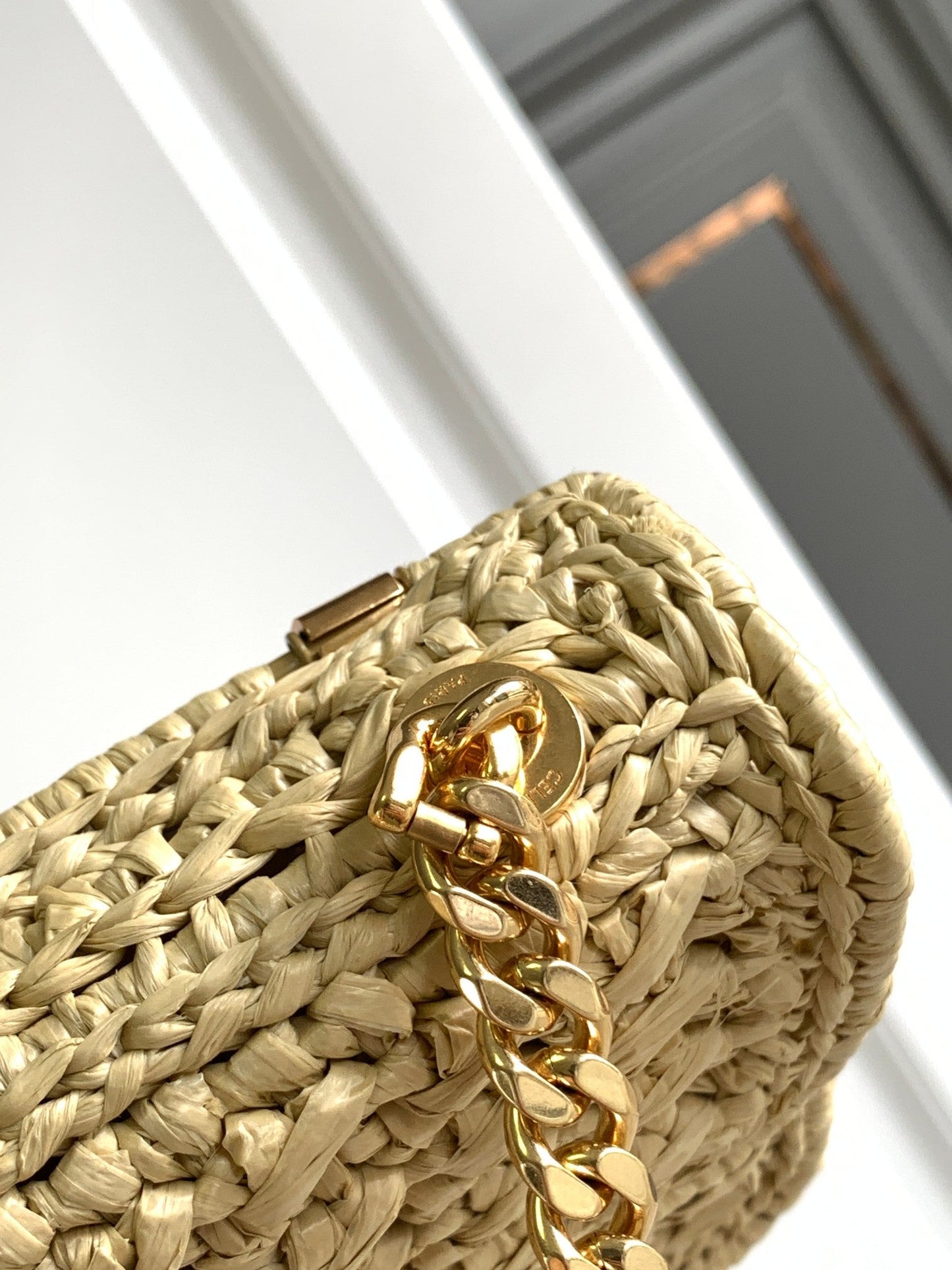 Celine Claude Chain Shoulder Bag in Raffia