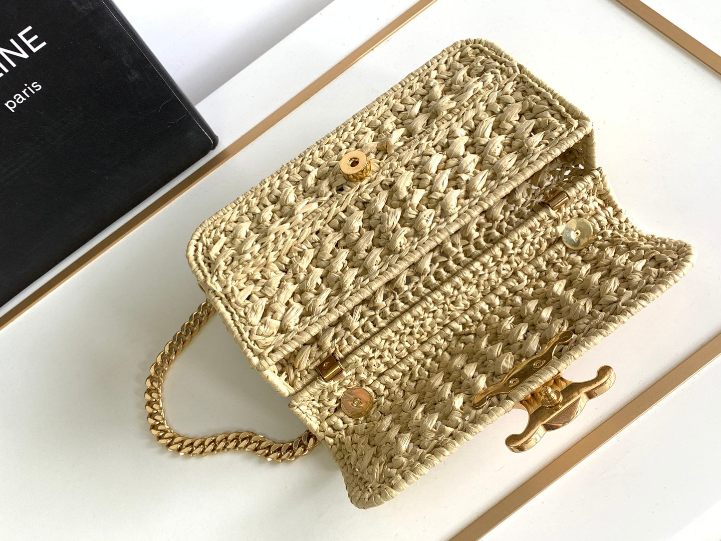 Celine Claude Chain Shoulder Bag in Raffia