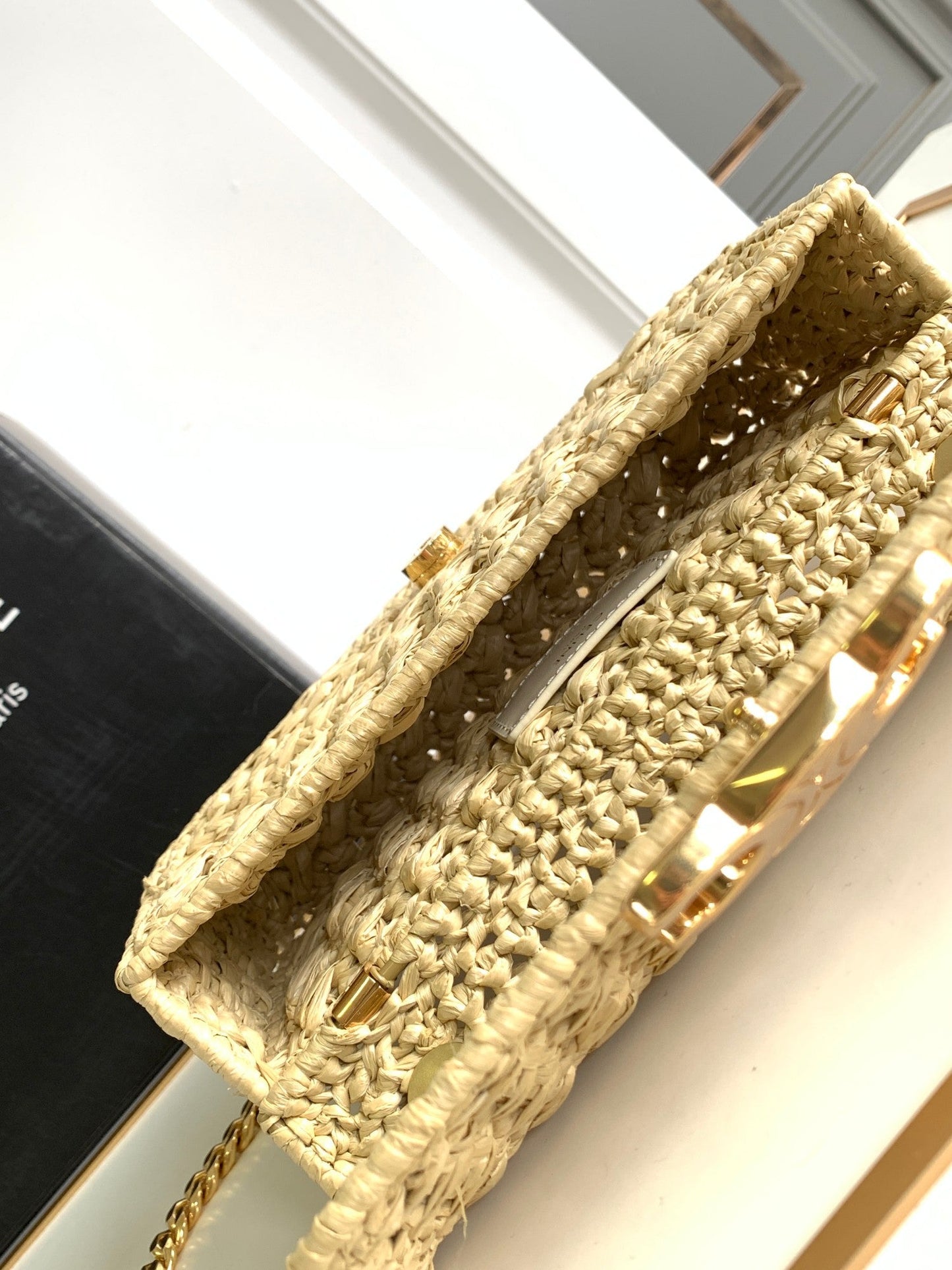 Celine Claude Chain Shoulder Bag in Raffia