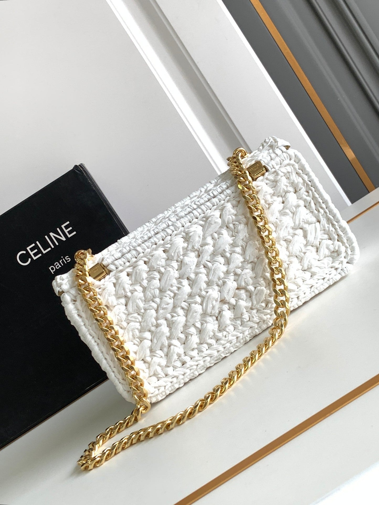 Celine Claude Chain Shoulder Bag in Raffia