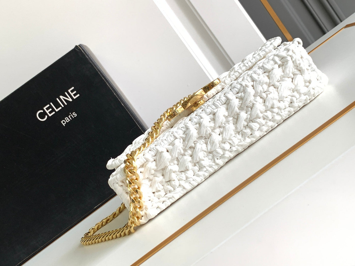 Celine Claude Chain Shoulder Bag in Raffia