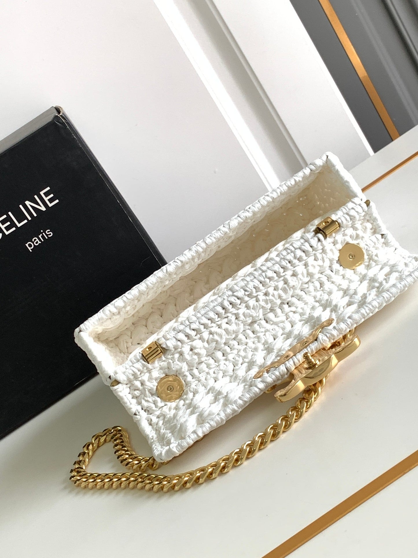 Celine Claude Chain Shoulder Bag in Raffia
