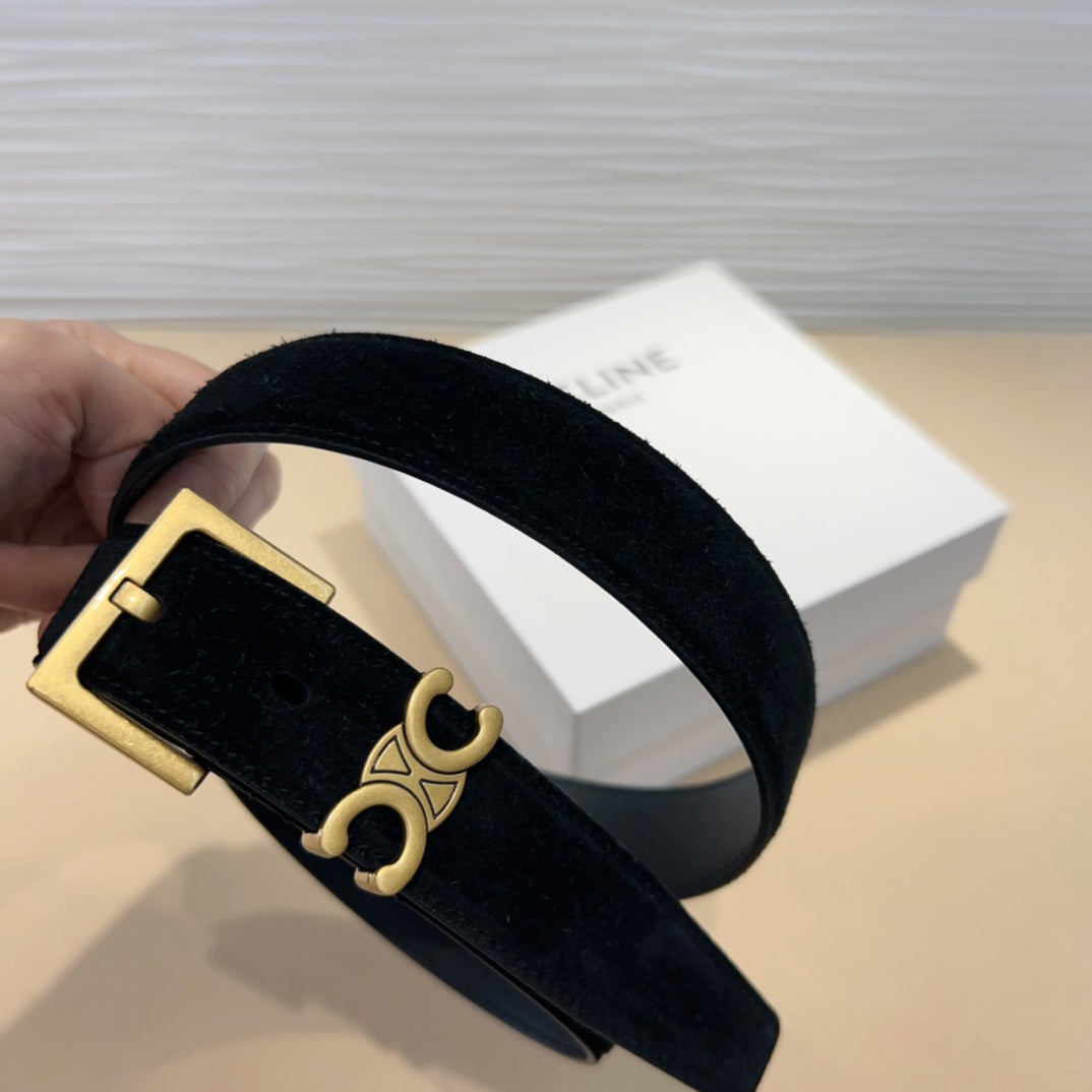 Celine Triomphe Suede Belt with an antique Brass Buckle
