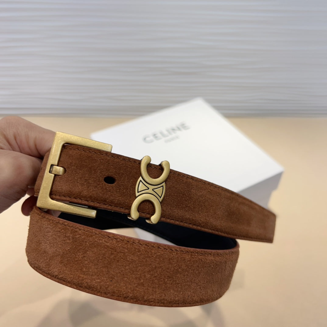 Celine Triomphe Suede Belt with an antique Brass Buckle