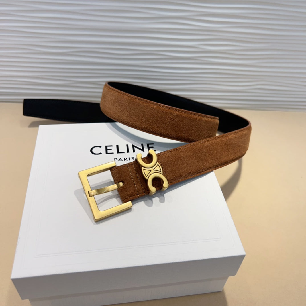 Celine Triomphe Suede Belt with an antique Brass Buckle