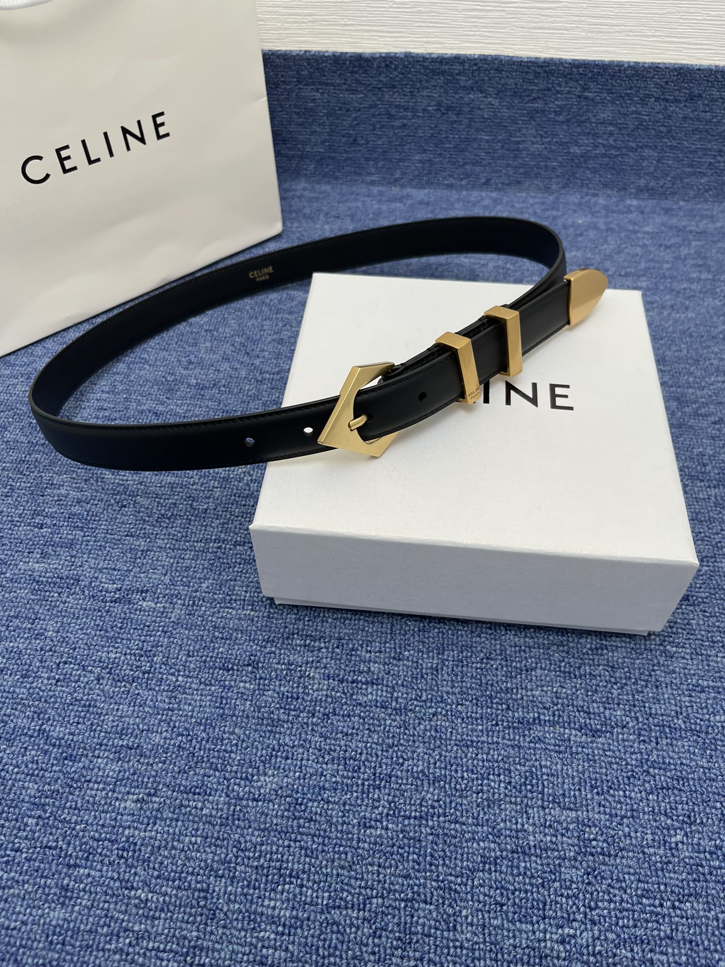 Celine Western Belt in Smooth Calfskin with Triangular Buckle