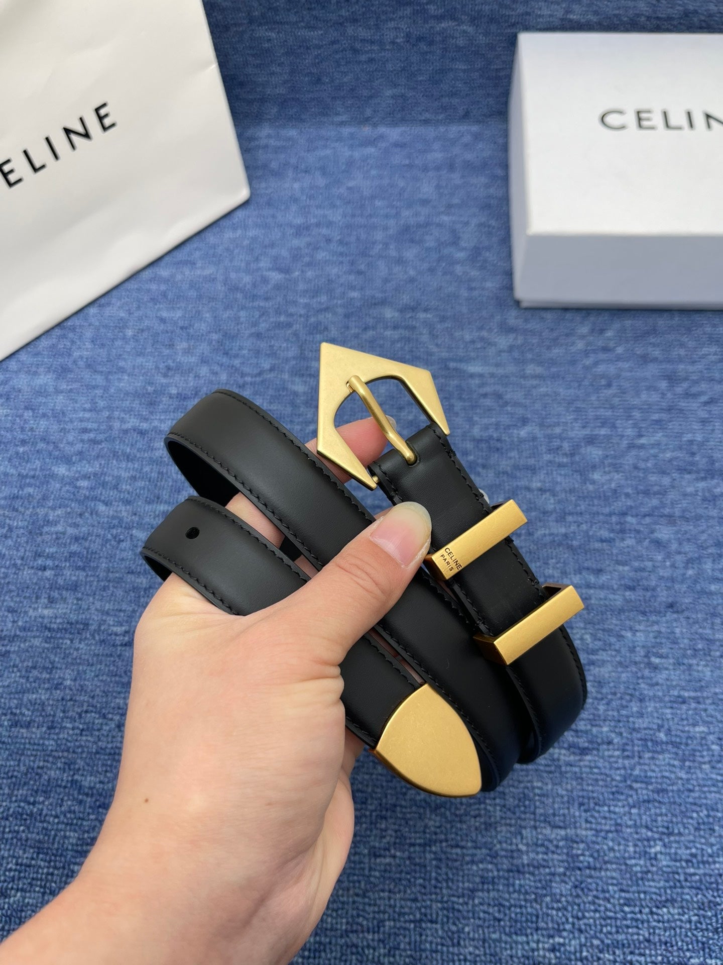 Celine Western Belt in Smooth Calfskin with Triangular Buckle
