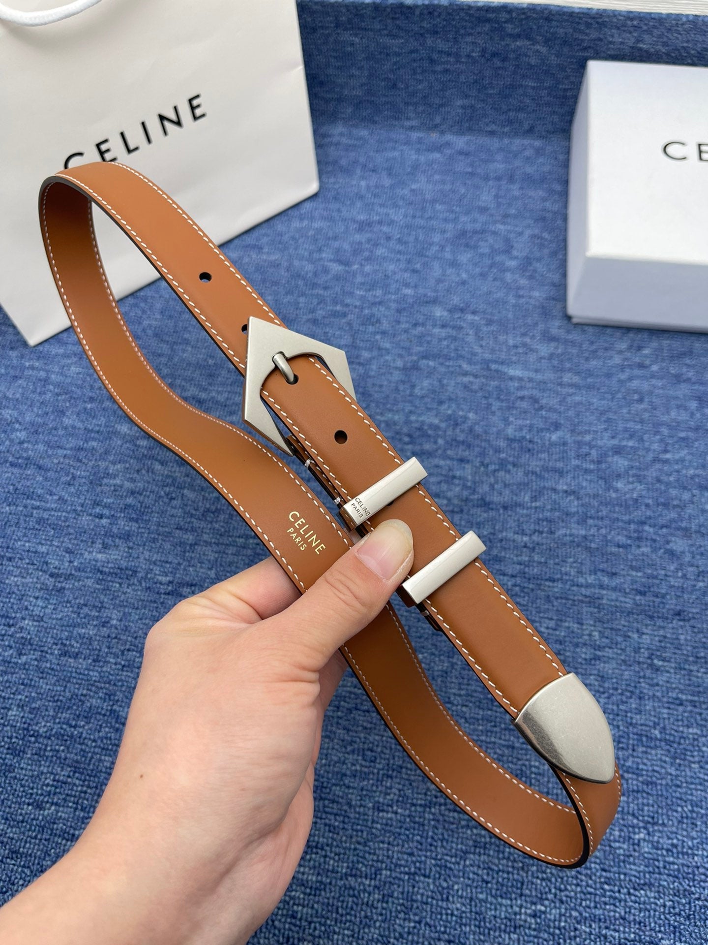 Celine Western Belt in Smooth Calfskin with Triangular Buckle