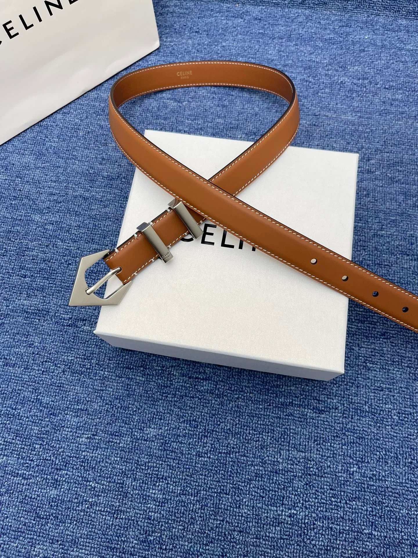 Celine Western Belt in Smooth Calfskin with Triangular Buckle