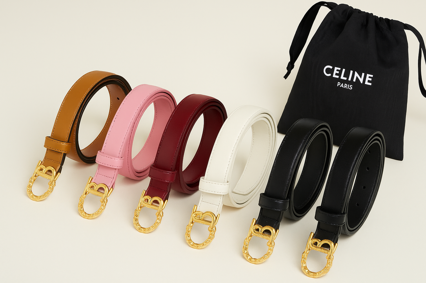 Celine Triomphe Classic Thin Belt with Engraved Buckle
