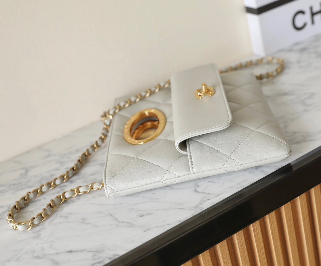 Chanel 24B Lambskin Clutch with Chain - White