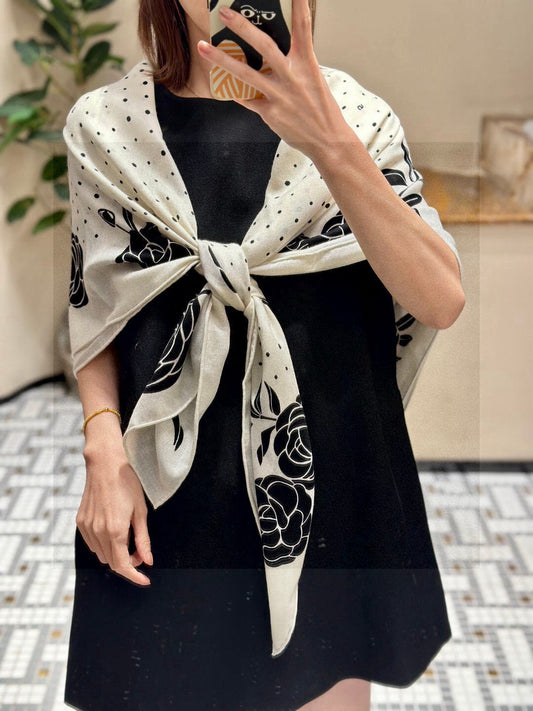 Chanel Paris Camellia Floral Polka Dot Scarf