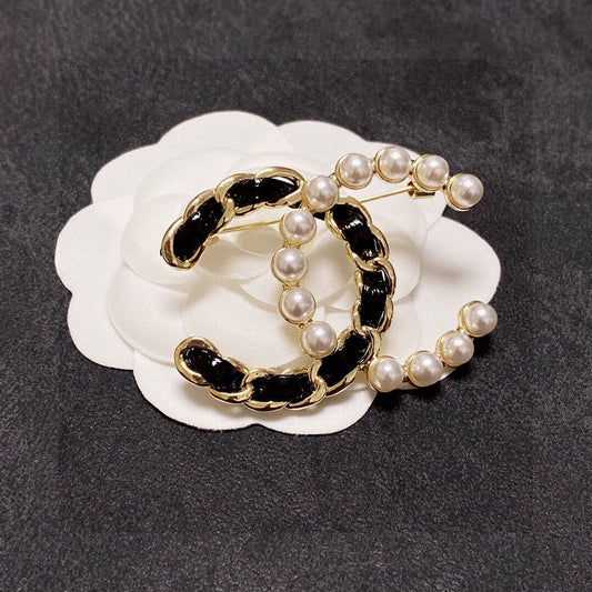 Chanel CC Logo Brooch with Pearls and Black Enamel