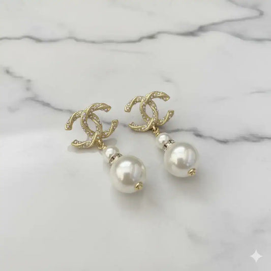 Chanel CC Crystal Pearl Drop Earrings