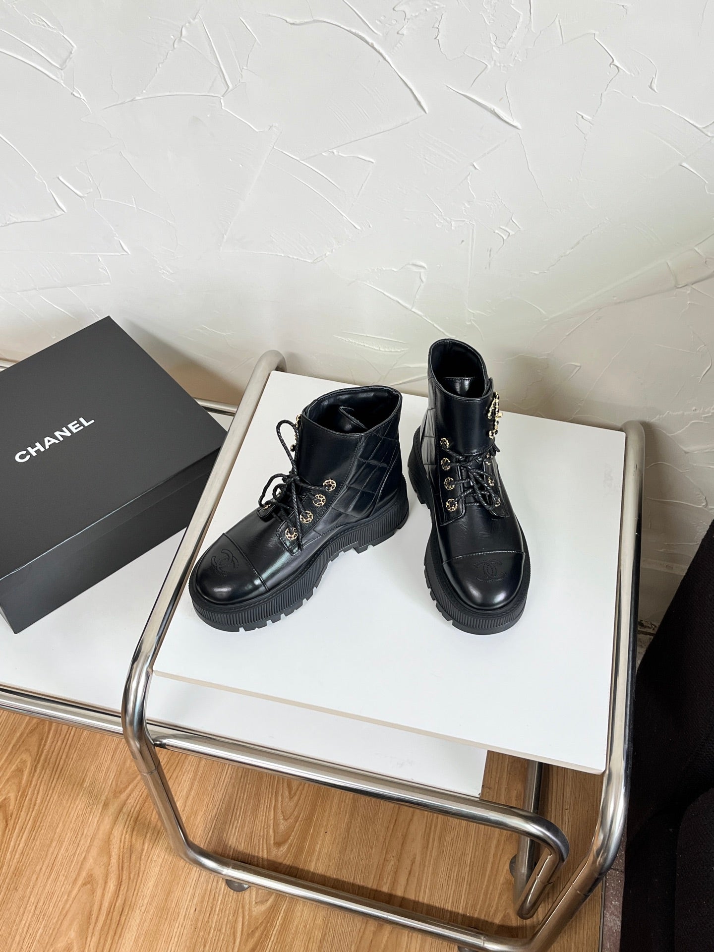 Chanel CC Logo Lace-Up Combat Ankle Boots