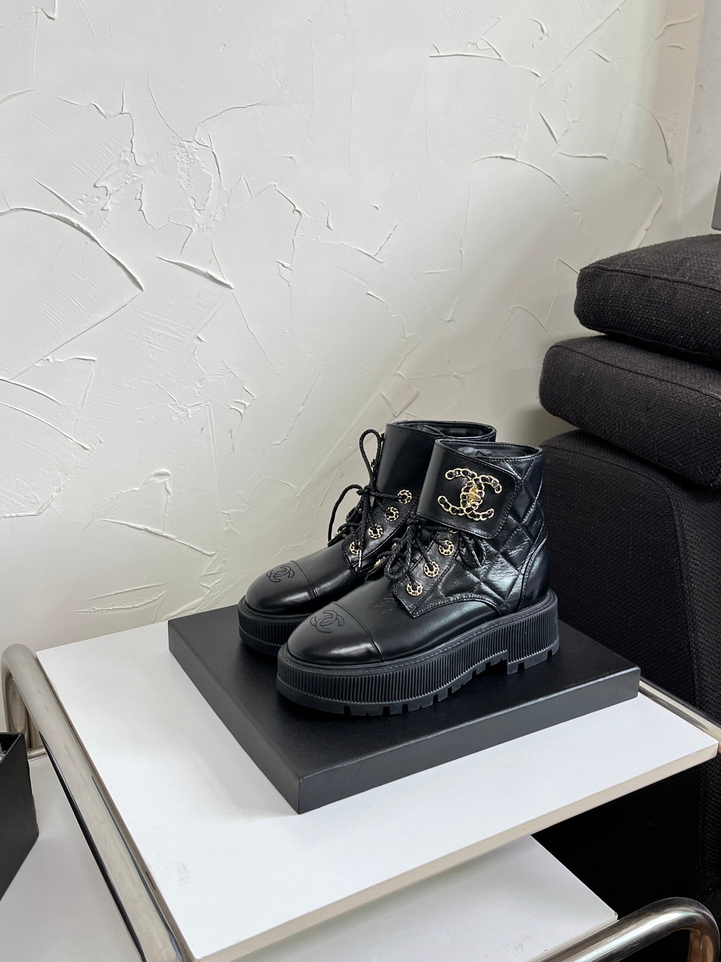 Chanel CC Logo Lace-Up Combat Ankle Boots