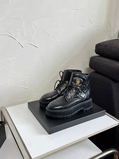 Chanel CC Logo Lace-Up Combat Ankle Boots