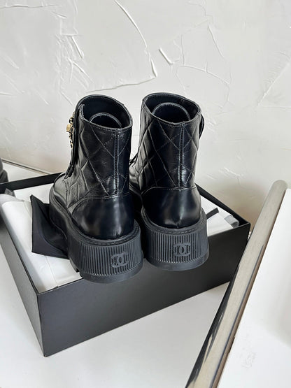 Chanel CC Logo Lace-Up Combat Ankle Boots