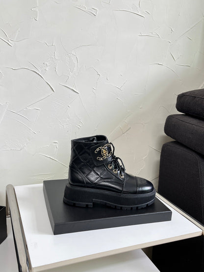 Chanel CC Logo Lace-Up Combat Ankle Boots