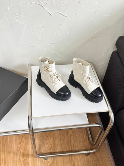 Chanel CC Logo Lace-Up Combat Ankle Boots