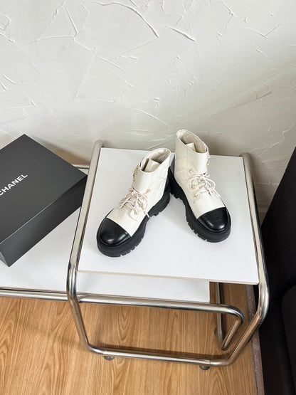 Chanel CC Logo Lace-Up Combat Ankle Boots