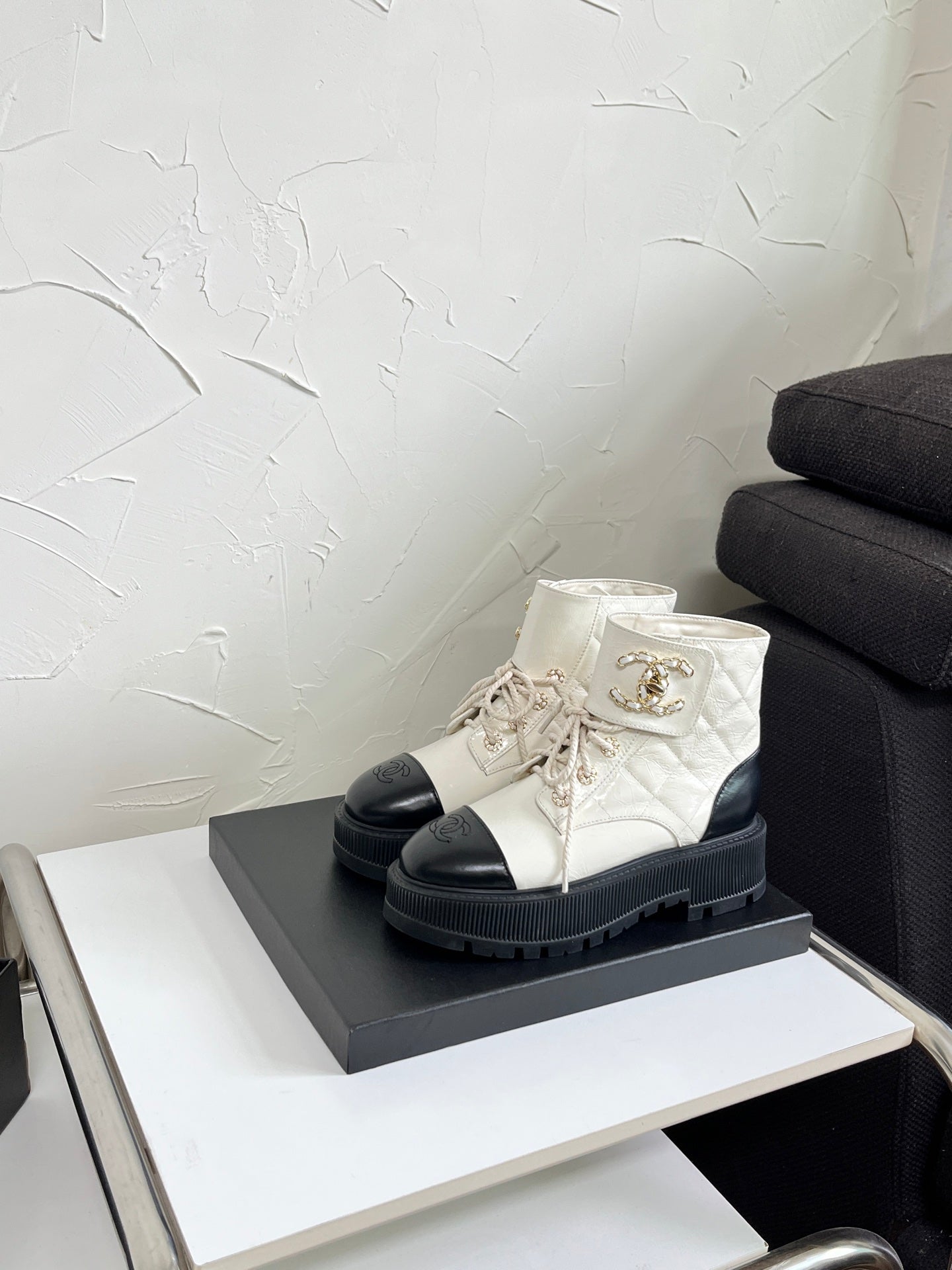 Chanel CC Logo Lace-Up Combat Ankle Boots