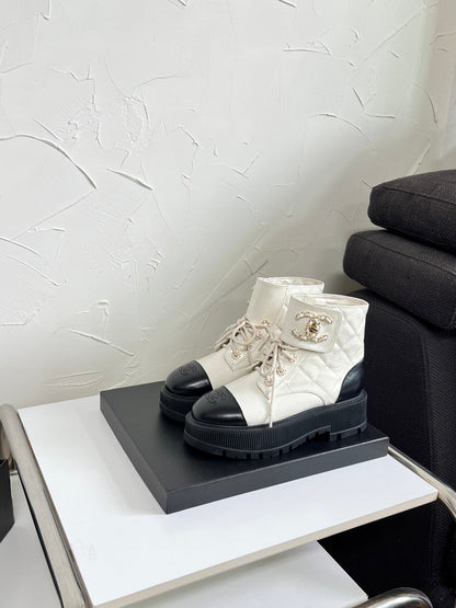 Chanel CC Logo Lace-Up Combat Ankle Boots