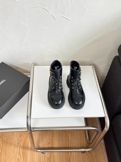 Chanel CC Logo Lace-Up Combat Ankle Boots