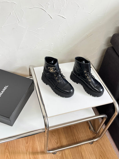 Chanel CC Logo Lace-Up Combat Ankle Boots