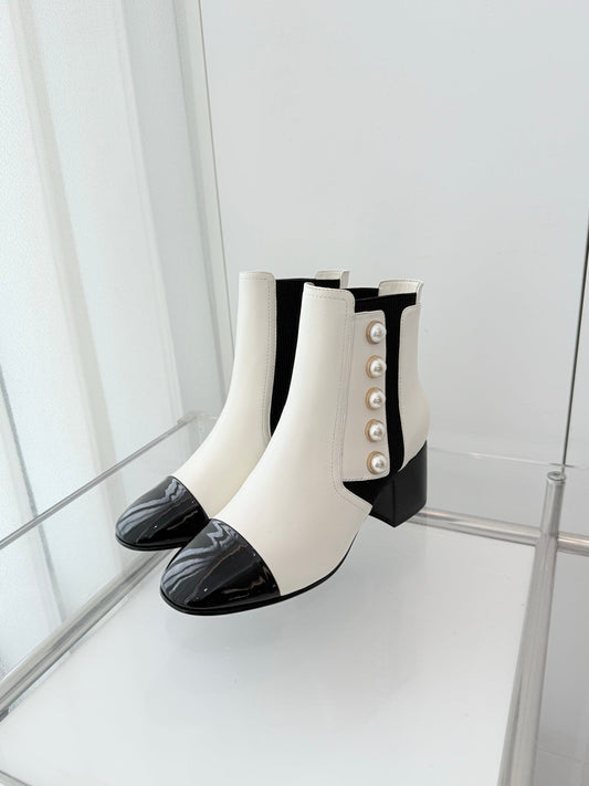 Chanel Pearl Button Two-Tone Cap Toe Ankle Boots