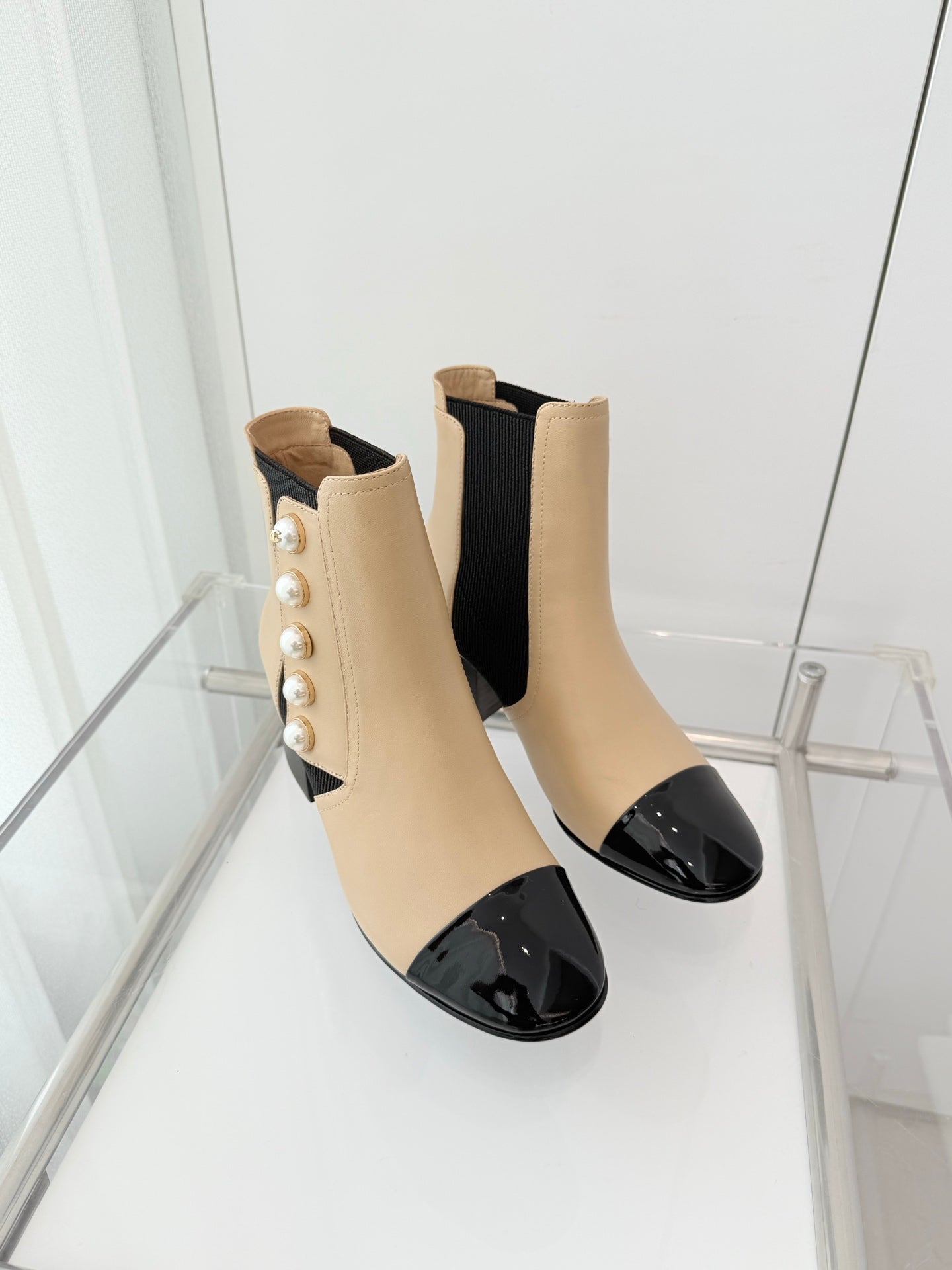 Chanel Pearl Button Two-Tone Cap Toe Ankle Boots