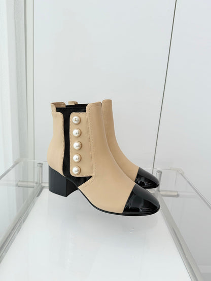 Chanel Pearl Button Two-Tone Cap Toe Ankle Boots