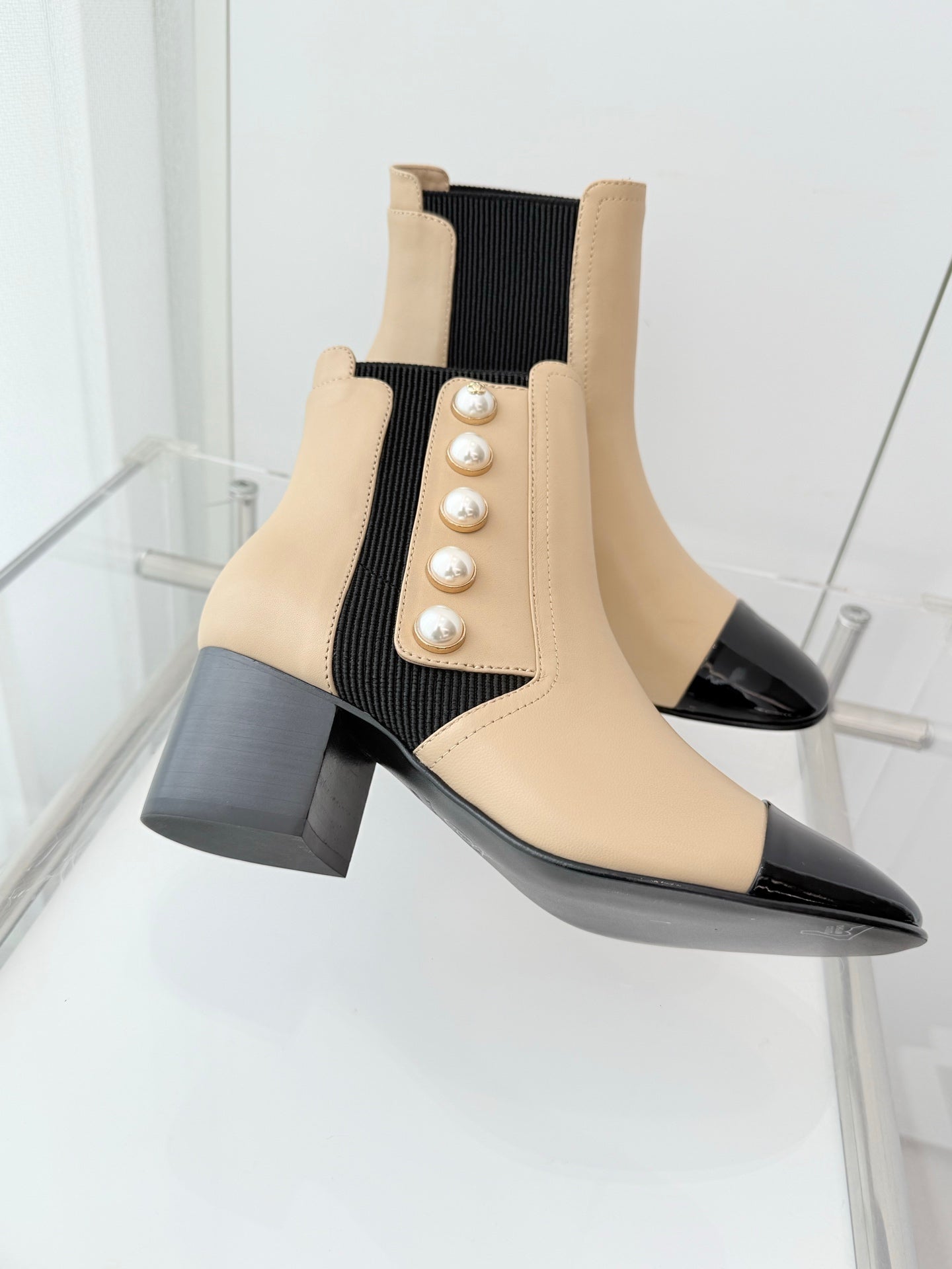 Chanel Pearl Button Two-Tone Cap Toe Ankle Boots
