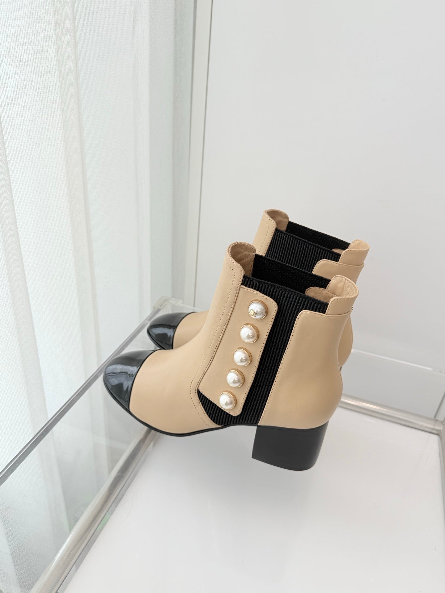 Chanel Pearl Button Two-Tone Cap Toe Ankle Boots