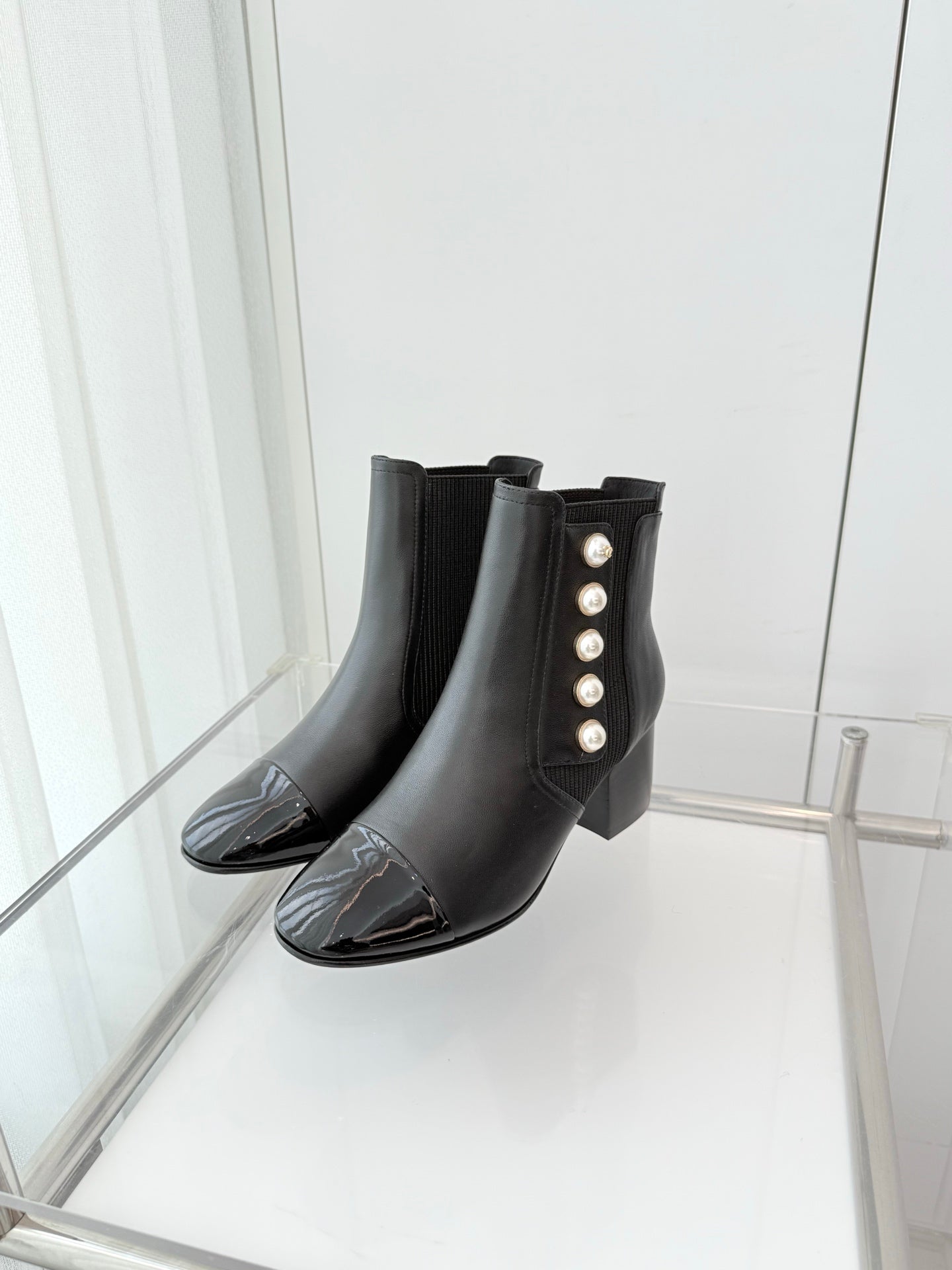 Chanel Pearl Button Two-Tone Cap Toe Ankle Boots