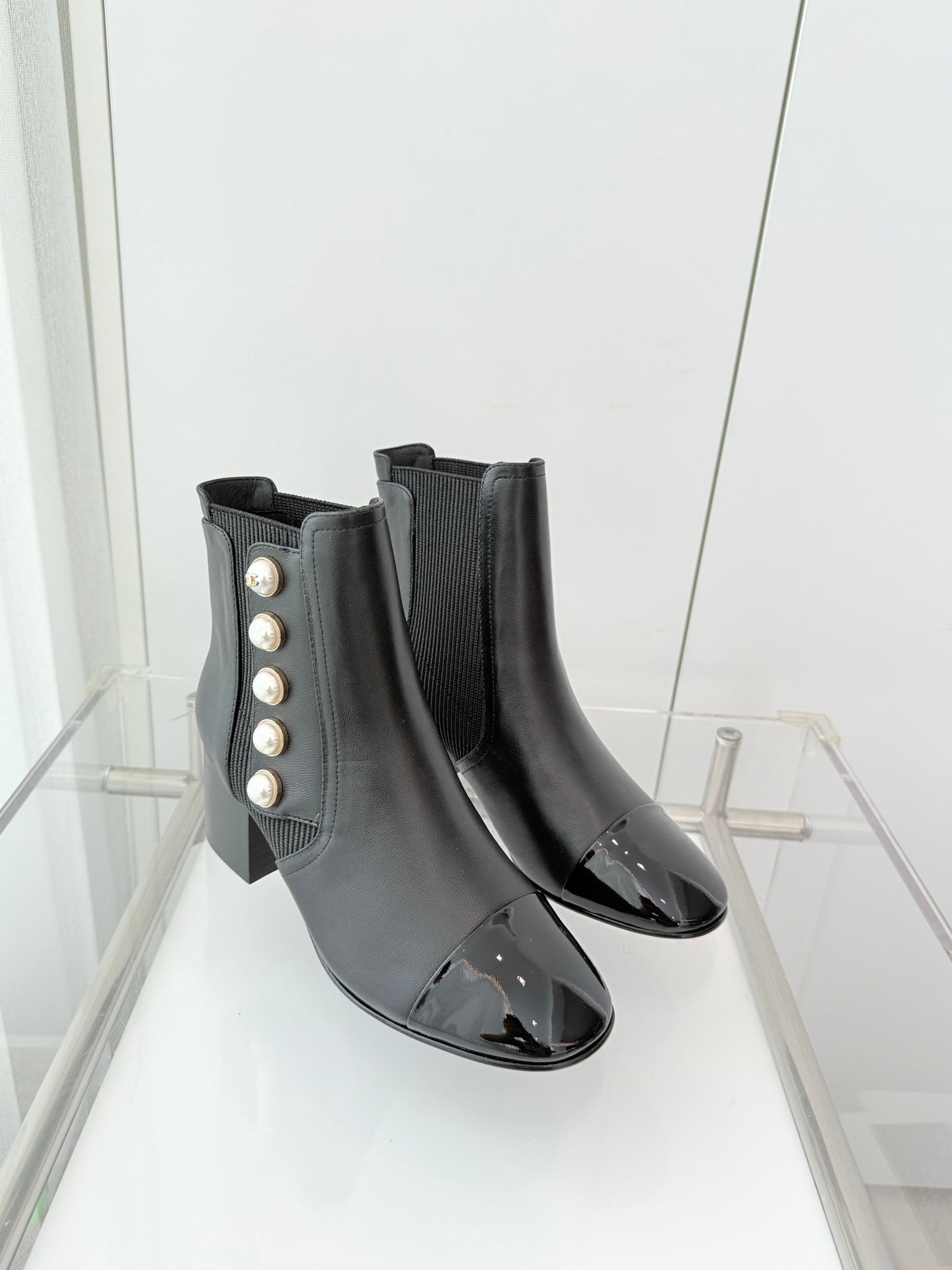 Chanel Pearl Button Two-Tone Cap Toe Ankle Boots