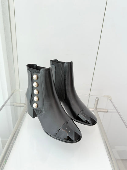 Chanel Pearl Button Two-Tone Cap Toe Ankle Boots