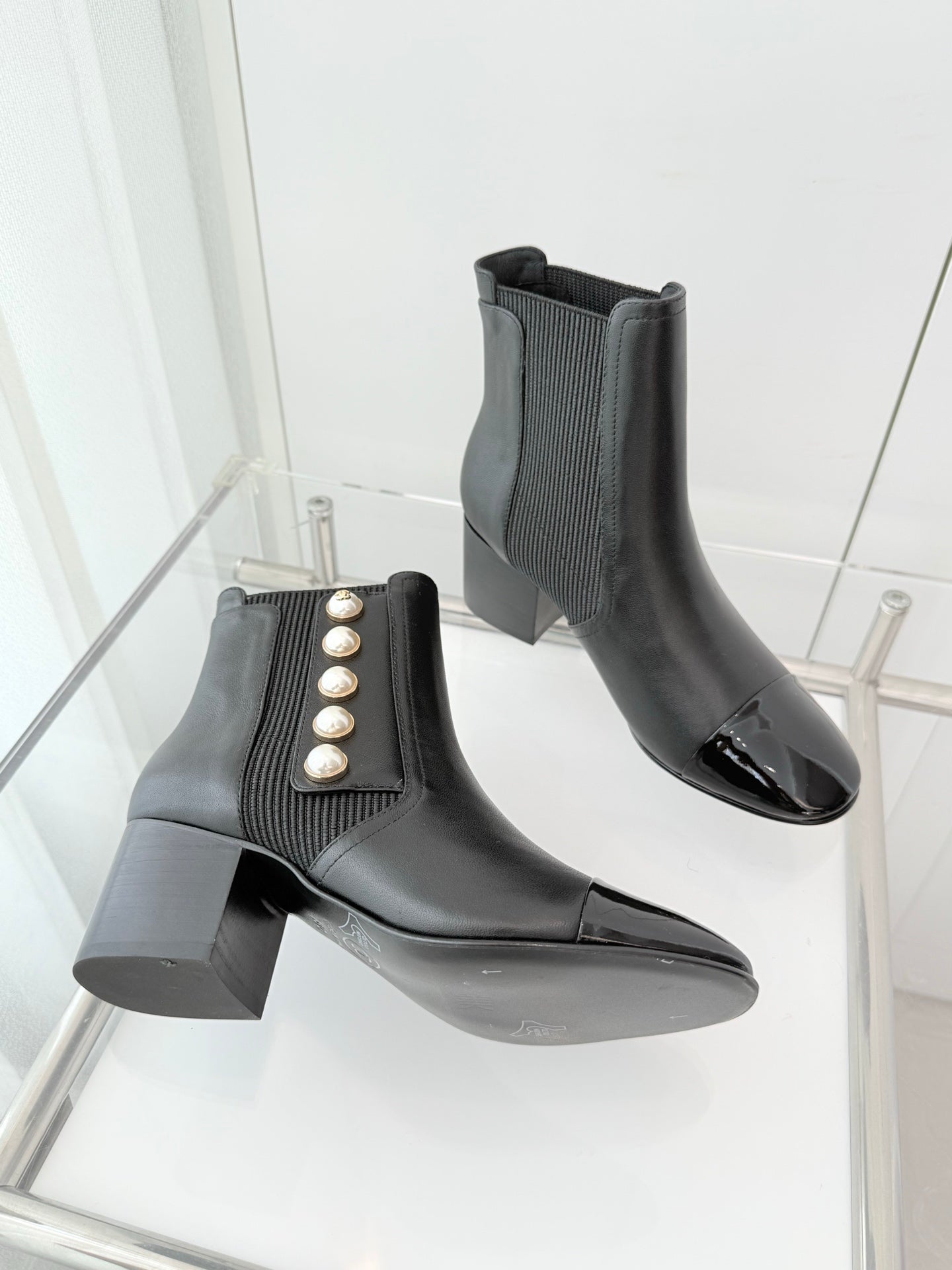 Chanel Pearl Button Two-Tone Cap Toe Ankle Boots