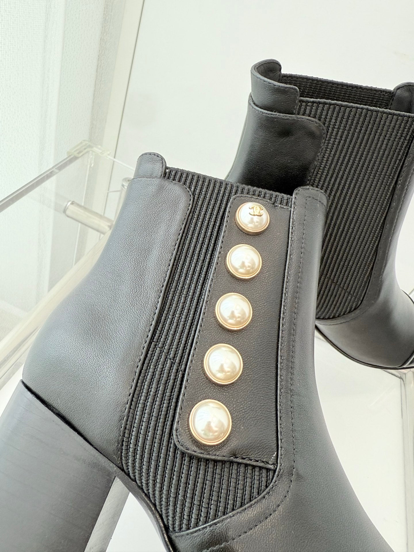 Chanel Pearl Button Two-Tone Cap Toe Ankle Boots