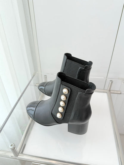 Chanel Pearl Button Two-Tone Cap Toe Ankle Boots