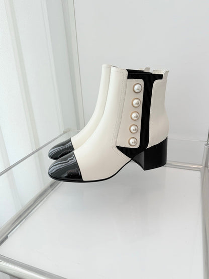 Chanel Pearl Button Two-Tone Cap Toe Ankle Boots