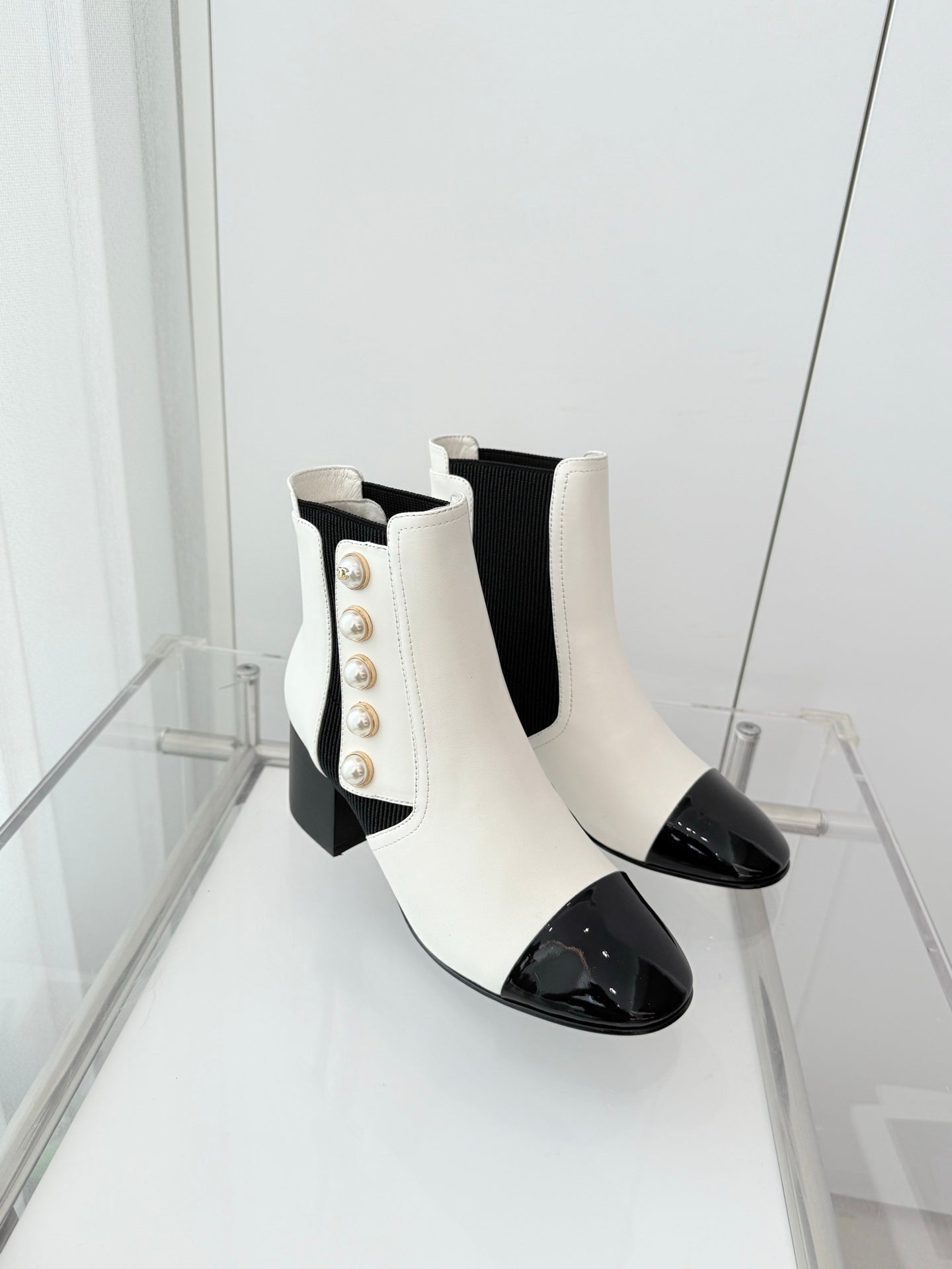 Chanel Pearl Button Two-Tone Cap Toe Ankle Boots