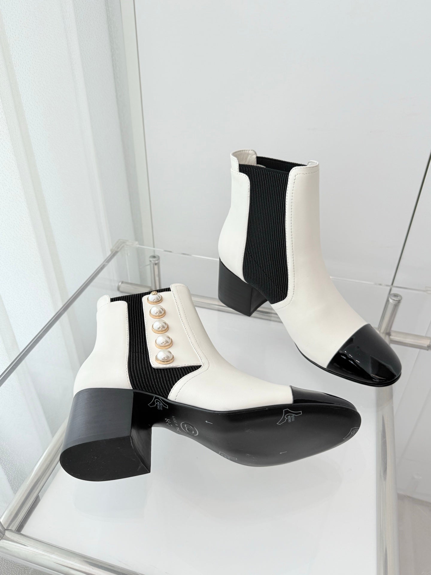 Chanel Pearl Button Two-Tone Cap Toe Ankle Boots